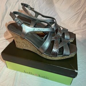 Kelly & Katie Jazmine Pewter Faux Snakeskin Wedges